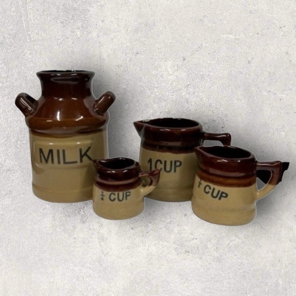 Vintage Brown and Tan Stoneware Milk Jug w Measuring Cups